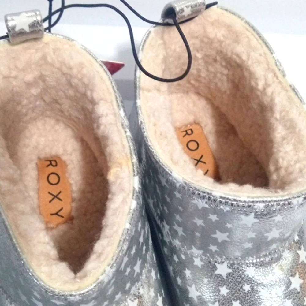 ROXY GIRLS METALLIC SILVER STAR SPANGLED SHERPA LINED ANKLE BOOTIES SIZE 3 NWT